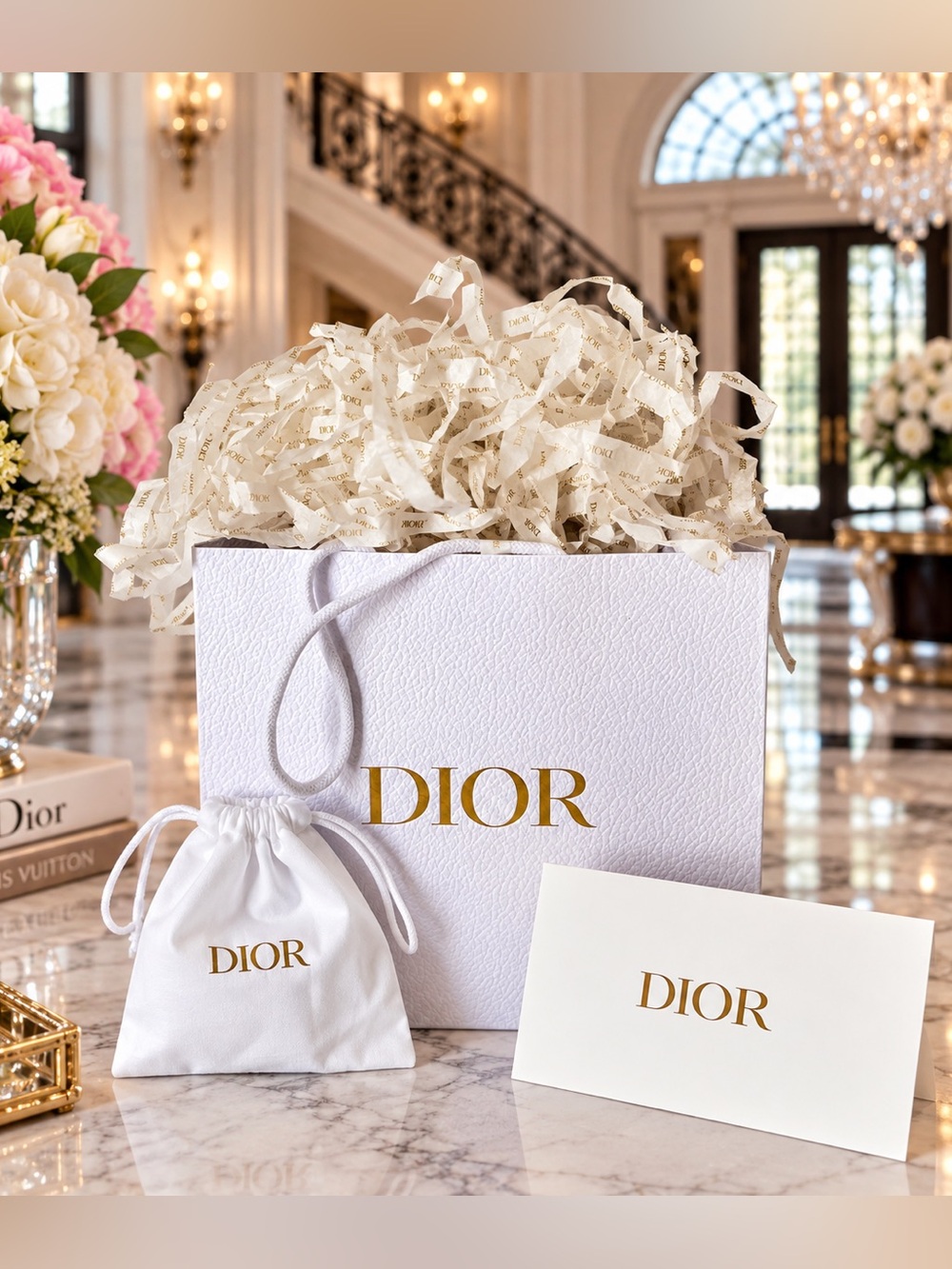 Dior Gift Bag Tote White Pebbled Texture Medium 9 x 10 x 5 + Drawstring Bag Card
